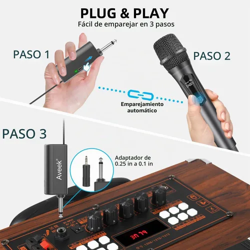 Vista 2 de Aveek Micrófono de karaoke inalámbrico, micrófono de mano recargable con receptor para altavoces y amplificadores alimentados, juego de micrófono