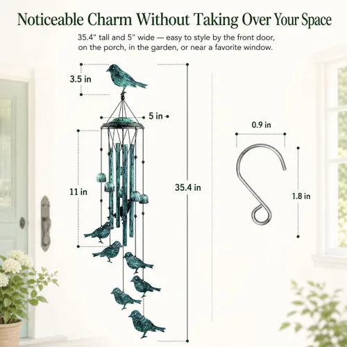 Vista 3 de Campanillas de viento de pájaros para exteriores, campanillas de viento para exteriores con 4 tubos grandes de aluminio y gancho en S - decoración