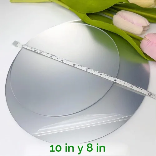 Vista 4 de Espejo con forma de círculo de 10 pulgadas para decoración de habitación, espejo acrílico con soporte de madera, espejo de maquillaje sin marco