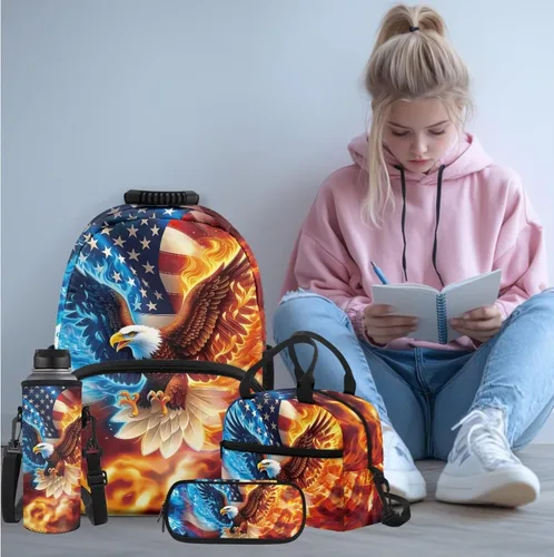 Vista 2 de Bulopur Eagle American Flag Print Kids Backpack Boys Elementary School 17 Inch Bookbag With Lunch Bag Water Bottle Holder Keychain Pencil Case 5