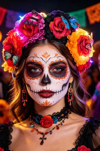 Vista 4 de Diadema de flores iluminada para mujer, accesorio para el día de los muertos, accesorios para el cabello de Halloween