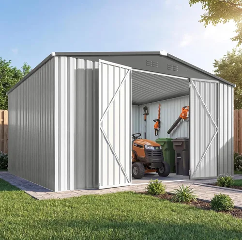 Vista 17 de AECOJOY Cobertizo de almacenamiento de metal para exteriores de 3 x 5 pies, cobertizo de herramientas de jardín resistente con puerta de gran