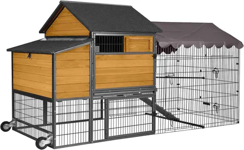 Vista 11 de Aivituvin gallinero móvil de madera con casa para gallinas y caja para rodar, jaula grande para aves mejorada con marco de hierro fuerte, duradera e