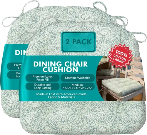 Vista 116 de Barnett Home Decor Ticking Stripe Berlin Blue - Almohadilla para silla de comedor con lazos, tamaño mediano 18, relleno de espuma de látex, lavable