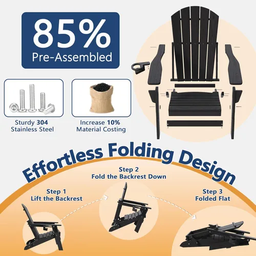 Vista 7 de Silla plegable Adirondack con soporte para tazas, de plástico HDPE resistente a todo tipo de clima, sillas de patio al aire libre con reposapiés