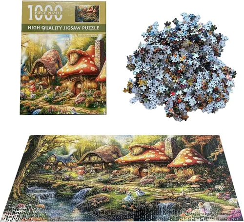 Vista 5 de Rompecabezas HENGCHI para adultos, 1000 piezas, arte de fantasía de pueblo de hongos Encantado cuento de hadas rompecabezas cerebro impulsar marco
