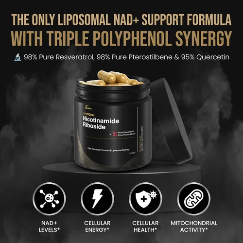Vista 3 de DLNIA Suplemento liposomal NAD+ y alternativa NMN Ribosida de nicotinamida (NR) 1258 mg con resveratrol, quercetina, pterostilbeno