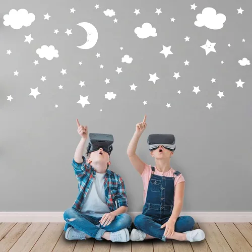 Vista 7 de Calcomanías de pared de luna creciente, estrellas y nubes, calcomanías de pared de luna y estrellas, cielo estrellado, decoración de sala