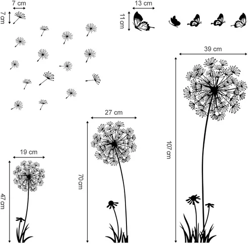 Vista 5 de decalmile Calcomanías de pared de diente de león, flores voladoras, mariposas, calcomanías de pared de diente de león, decoración de sala de estar