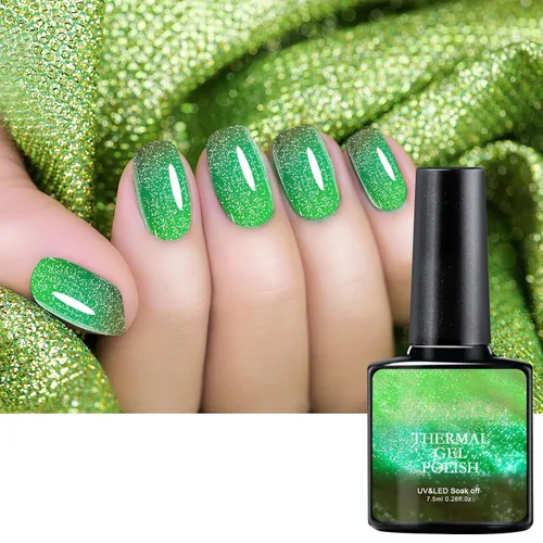Vista 2 de Esmalte de uñas de gel que cambia de color de temperatura, esmalte de gel con purpurina, diseño holográfico de camaleón, diseño de arte de uñas