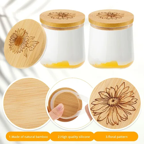 Vista 2 de Gueevin Juego de 6 tapas para tarros de yogur a granel de madera de bambú compatibles con tarros de yogur Oui, redondos, reutilizables, con anillos