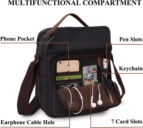 Vista 3 de RAVUO Bolso bandolera pequeño para hombre, resistente al agua, de lona, bolso cruzado vintage para viajes y trabajo