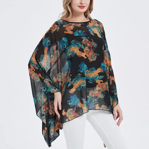 Vista 4 de Poncho de gasa transparente para mujer, suelto, liso, largo, murciélago, caftán, túnica