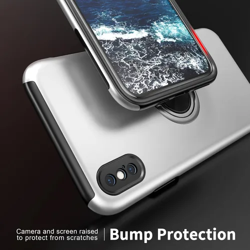 Vista 5 de Funda compatible con iPhone Xs Max con protector de pantalla de vidrio templado, funda híbrida 2 en 1 protectora delgada con anillo magnético