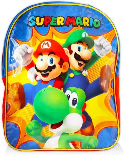 Vista 2 de Mario Shop Mochila Super Mario para niños, paquete de mochila Mario de 15 pulgadas con calcomanías y más (Mario y Luigi mochila), Rojo