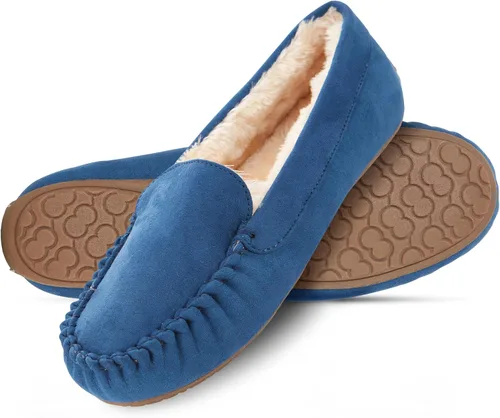 Vista 9 de Floopi Pantuflas para mujer, forro de piel sintética suave con espuma viscoelástica acogedora, pantuflas de casa para mujer con suela antideslizante