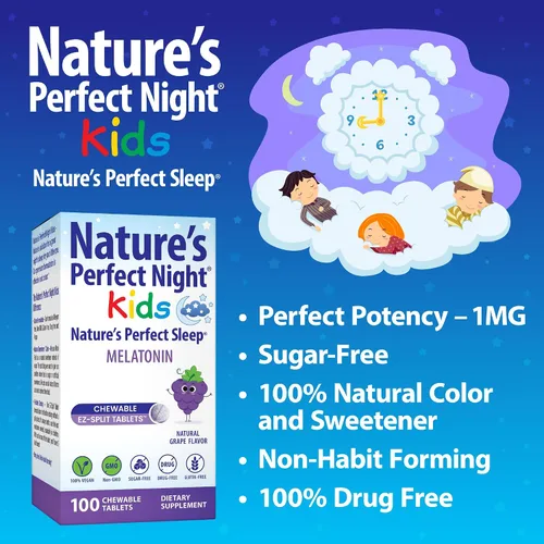 Vista 5 de Nature's Perfect Night Paquete Melatonina 5 mg Melatonina para niños de 1 mg 200 unidades 100 unidades Sin azúcar Sin gluten Sin OMG