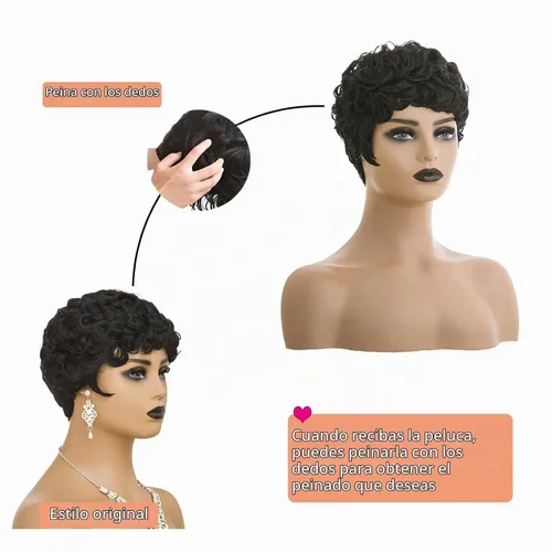 Vista 5 de Pelucas cortas Pixie para mujeres negras, corte Pixie negro natural corto rizado