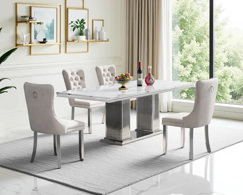 Vista 26 de Juego de 4 mesas de comedor blancas y doradas, mesa de cocina rectangular de 68 pulgadas con parte superior de mármol sintético blanco, mesa de Mesa