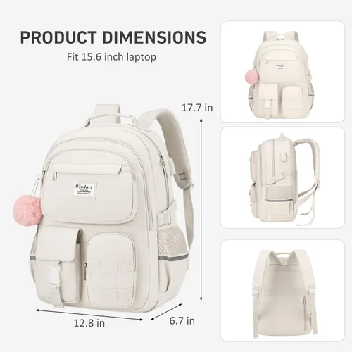 Vista 8 de WINDARS Mochila escolar para adolescentes y niñas, bonita mochila para laptop para mujeres y estudiantes, bolsas de escuela secundaria, bolsa Beige