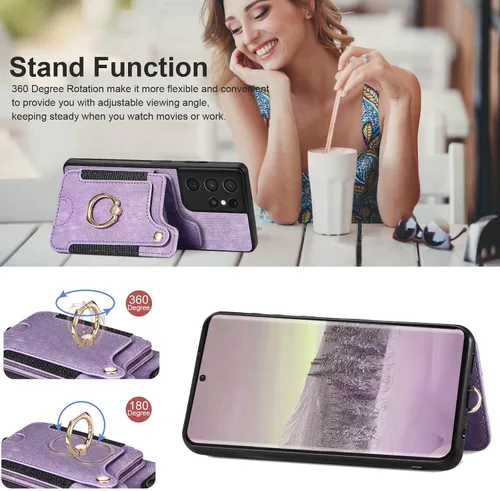 Vista 4 de Funda para Samsung S21 Ultra con tarjetero y soporte de anillo, bloqueo RFID, correa de muñeca, protector de cámara, cierre magnético de cuero