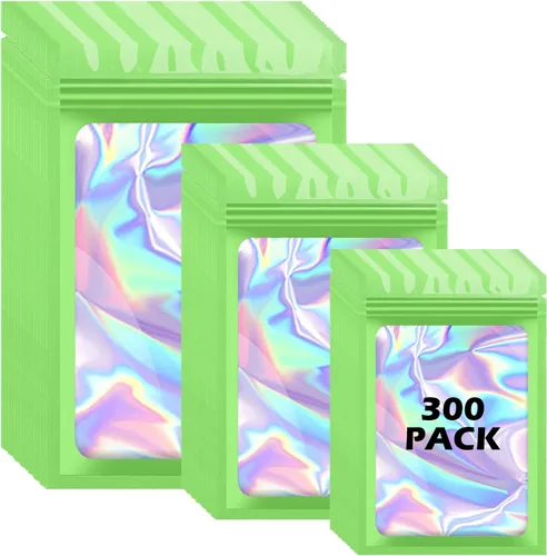 Vista 15 de 300 bolsas holográficas de mylar, 3 tamaños, bolsas a prueba de olores con ventana transparente, bolsas de papel de aluminio resellables