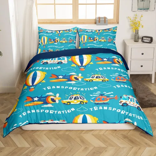 Vista 4 de Erosebridal Funda de edredón de vehículos de dibujos animados tamaño individual para niños y niñas, juego de ropa de cama Kawaii de helicóptero