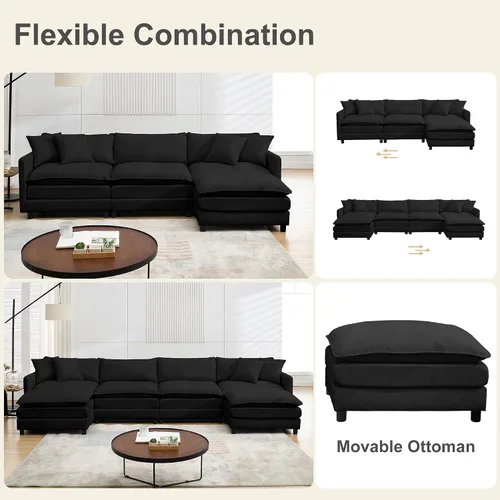 Vista 4 de Sofá modular convertible seccional, sofá de 4 asientos en forma de L con diván reversible, sofá de nube de asiento profundo, sofá cama 3 en 1, tela