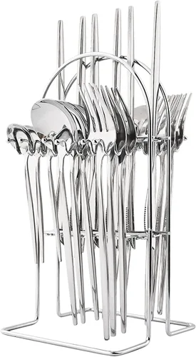 Vista 8 de Juego de cubiertos básicos de 24 piezas con un soporte para cubiertos, acero inoxidable 18/0 acabado espejo, cuchillo, tenedor, cucharilla, juego