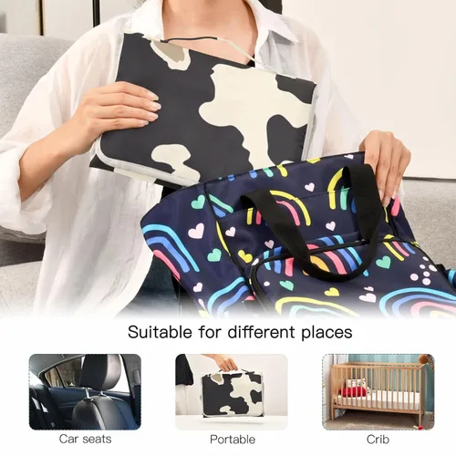 Vista 5 de Cambiador de pañales portátil con estampado de vaca beige y negro, impermeable, plegable, tapete cambiador de pañales de viaje para bebés, regalos