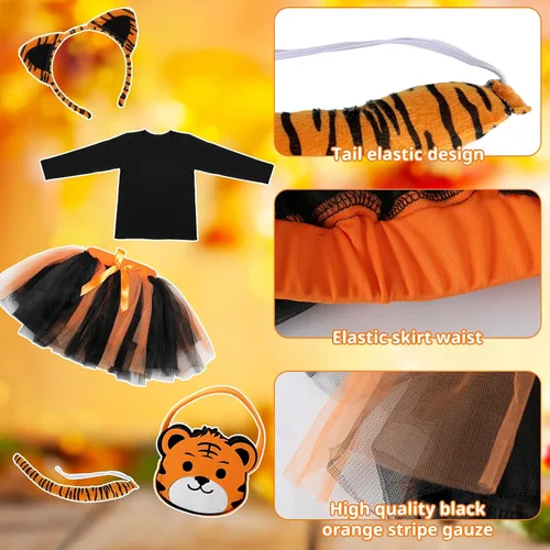 Vista 3 de Xtinmee El disfraz de tigre para niños incluye camiseta de manga larga, falda de tul, cesta de tigre, diadema de orejas de tigre, cola y calcomanía