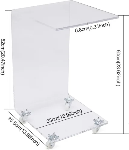 Vista 3 de Mesa auxiliar de sofá transparente en forma de C de acrílico Mesa auxiliar Mesa de café transparente con ruedas