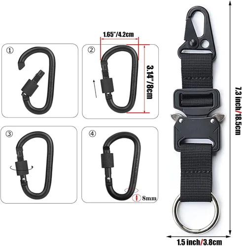 Vista 3 de Llavero táctico militar para hombres, mosquetón de liberación rápida, llaveros EDC Gear con anillo de acero inoxidable