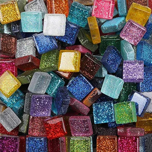 Vista 5 de Azulejos de vidrio de mosaico de colores mixtos, piezas de cristal brillantes, azulejos de mosaico de cristal cuadrados con purpurina a granel