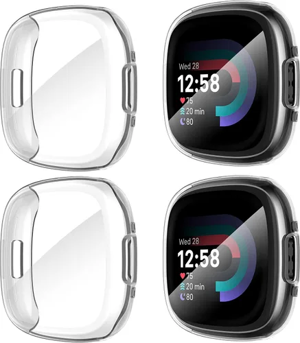Vista 11 de Suoman [Paquete de 4] para Fitbit Sense 2/Versa 4 Funda Protectora de Pantalla, Parachoques de TPU Suave Galvanizado Completamente Alrededor Funda