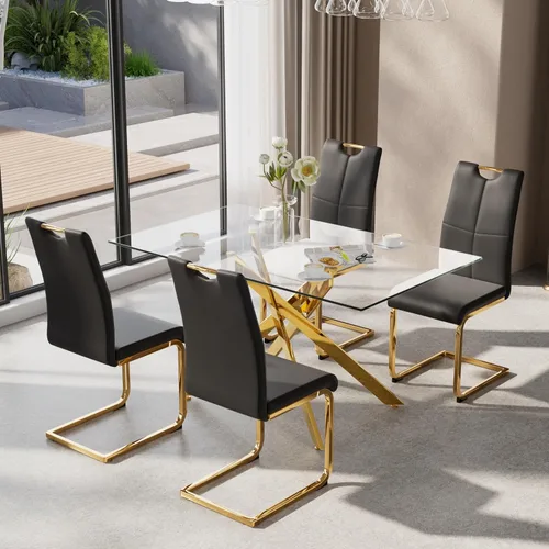 Vista 19 de Juego de mesa de comedor de 5 piezas para 4, mesa rectangular moderna de cristal con 4 sillas tapizadas de cuero, juegos de mesa y sillas de comedor