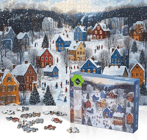 Vista 2 de Rompecabezas de Navidad de 1000 piezas para adultos, rompecabezas de pueblo de nieve, rompecabezas para celebrar Navidad, regalo para familiares