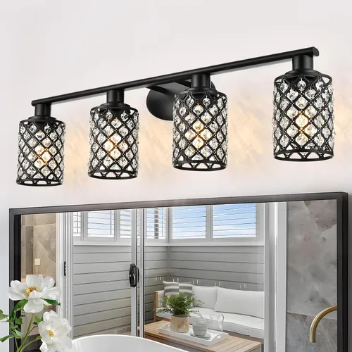 Vista 3 de Moderna lámpara de tocador de baño de cristal negro con 4 luces, montaje arriba/abajo, E26, espejo de pared con cable para baño, tocador, vestidor
