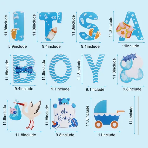 Vista 3 de 11 letreros grandes con estacas con diseño de texto en inglés "It's A Boy", color azul, decoración de revelación de género para baby shower, letrero