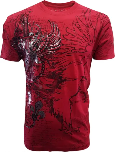 Vista 7 de KonflicUSA Camiseta para hombre con diseño de espada y cadenas, diseño de águila, diseño de espada y cadenas, color plateado metálico, cuello