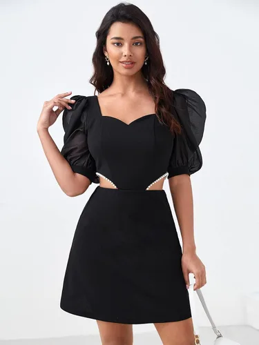 Vista 6 de WDIRARA Minivestido elegante con cuentas de perlas y cuello corazón recortado para mujer