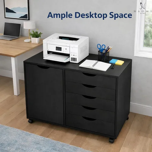 Vista 5 de Naomi Home Archivador de oficina con ruedas para debajo del escritorio, con 5 cajones y gabinete de almacenamiento lateral, organizador móvil