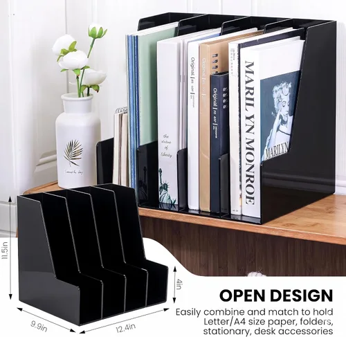 Vista 2 de LALOBLUE Paquete de 4 contenedores organizadores de escritorio verticales negros Plástico, para revistas, carpetas, cuadernos, sobres, paquete