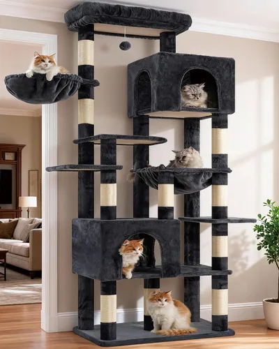 Vista 11 de Heybly Árbol para gatos de 68.1 pulgadas con plataforma superior de gran tamaño y base ancha, torre para gatos grandes de interior con 2