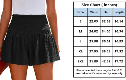 Vista 6 de BeadChica Pantalones cortos casuales de verano para mujer, cintura alta, plisados, con volantes, cómodos, holgados, pantalones cortos de playa