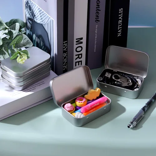 Vista 5 de Tamicy Latas rectangulares de metal con bisagras vacías – Paquete de 40 mini cajas portátiles plateadas, kit de almacenamiento pequeño y organizador