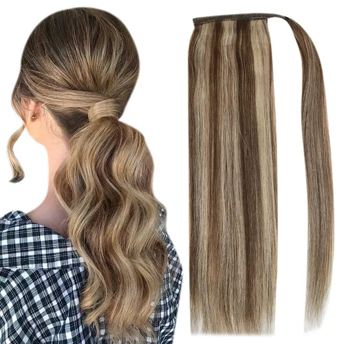 Vista 21 de Extensiones de cabello Full Shine con clip para cola de caballo, cabello humano, tonos medios marrones y rubio miel, envoltura alrededor de la cola