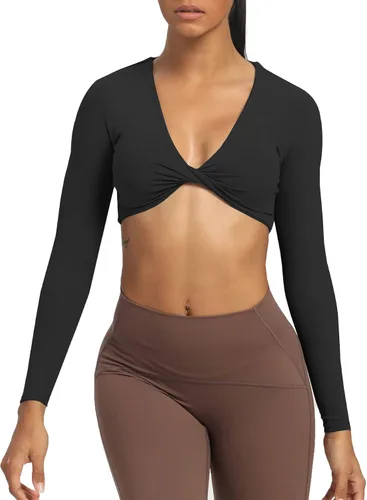 Vista 3 de Aoxjox Camiseta corta de manga larga para mujer, diseño de Sienna Twist Deep V