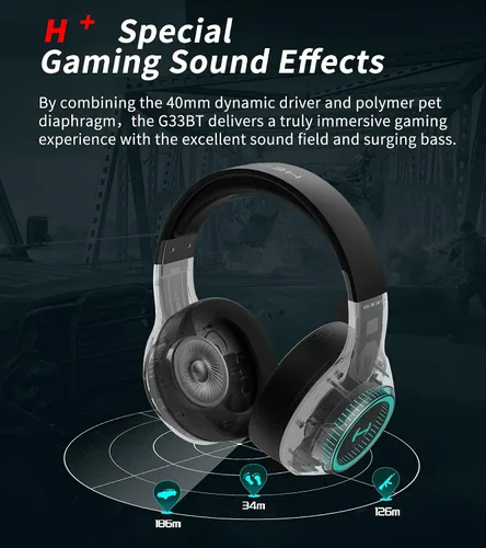 Vista 2 de HECATE by Edifier G33BT - Auriculares inalámbricos para juegos con micrófono desmontable, auriculares Bluetooth para PC, PS5, PS4, Nintendo Switch