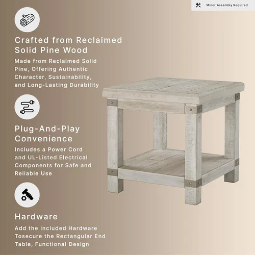 Vista 8 de Signature Design by Ashley Carynhurst Farmhouse - Mesa auxiliar rectangular con estante inferior, 2 tomas eléctricas y 2 puertos USB, madera, 24